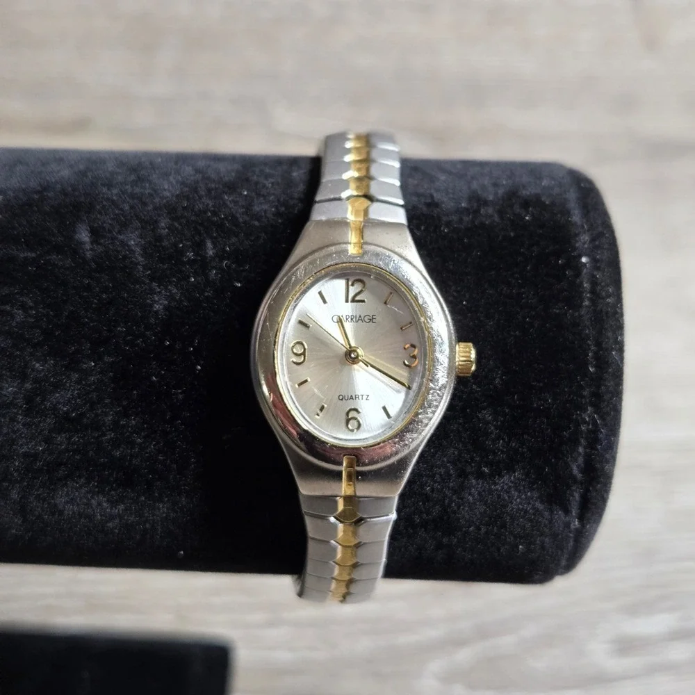 Timex Carriage Women's Quartz Watch Silver Gold Tone Stretch Band Analog Dress